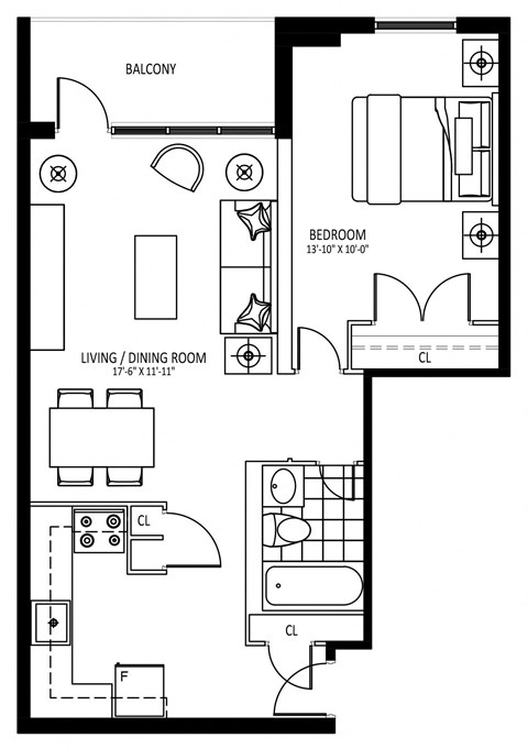 Floor plan for 1 bed, 1 bath, 602 sqft